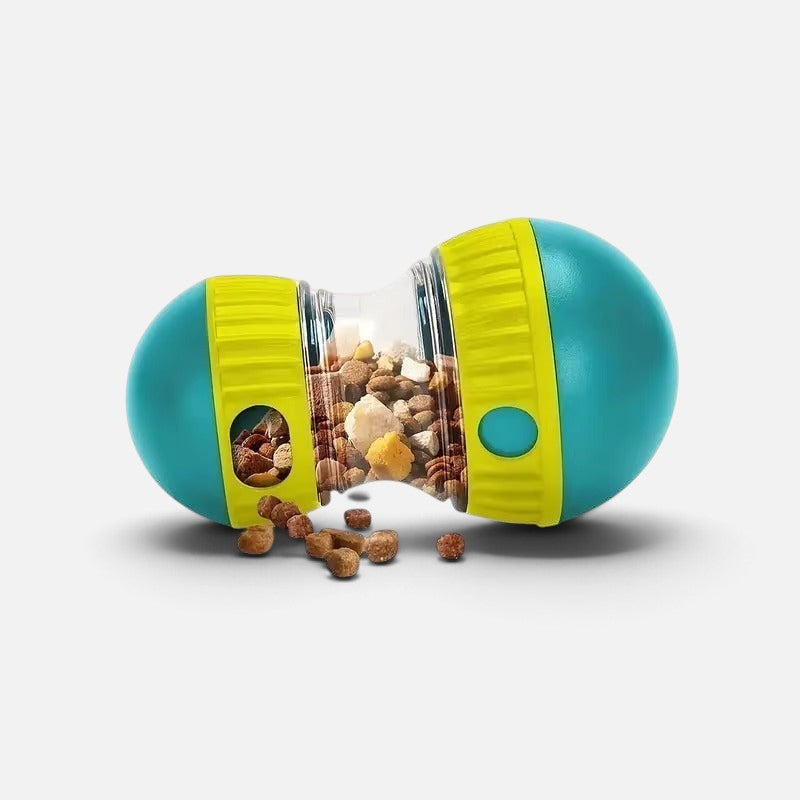 Tailora interactive pet treat dispenser in teal and yellow, filled with dry food, designed for slow feeding and play.
