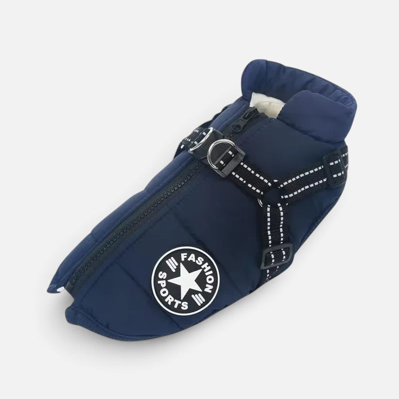 Tailora navy blue waterproof winter dog jacket with integrated harness, back zipper, and reflective safety details.