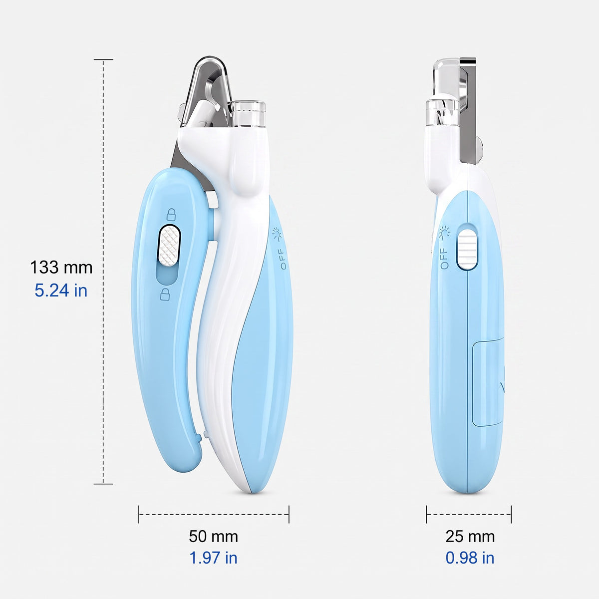 Tailora pet nail clipper with LED light, featuring blue and white ergonomic handle and stainless steel blades.