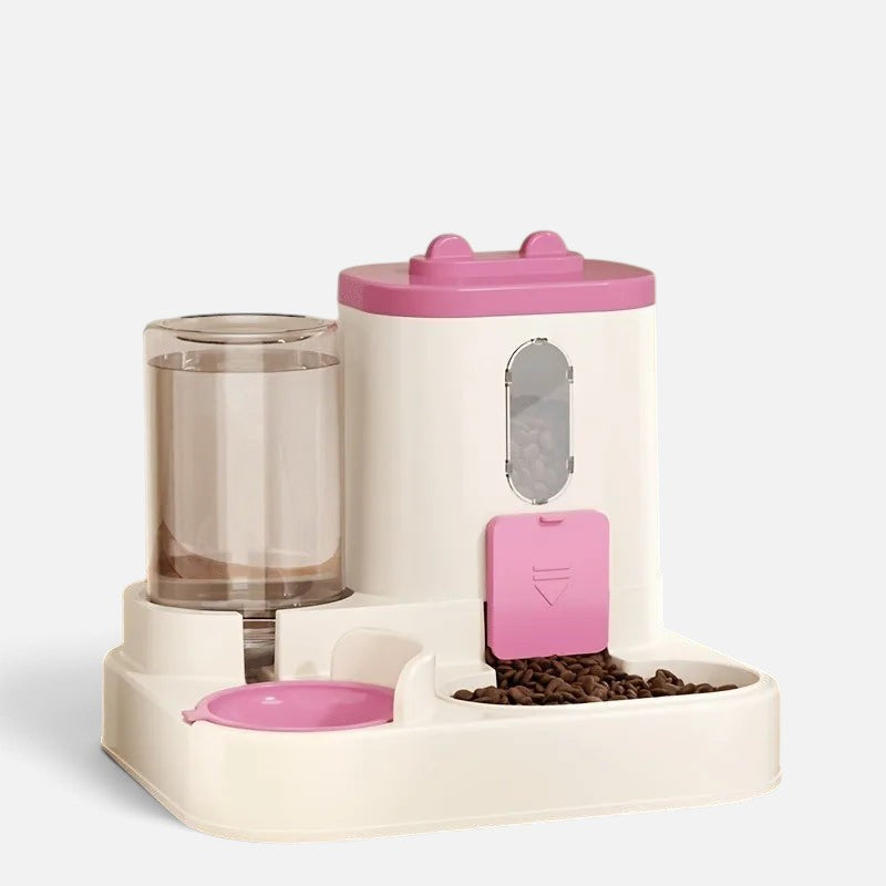 Tailora pink and white 2-in-1 automatic gravity pet food and water dispenser station for cats and small dogs