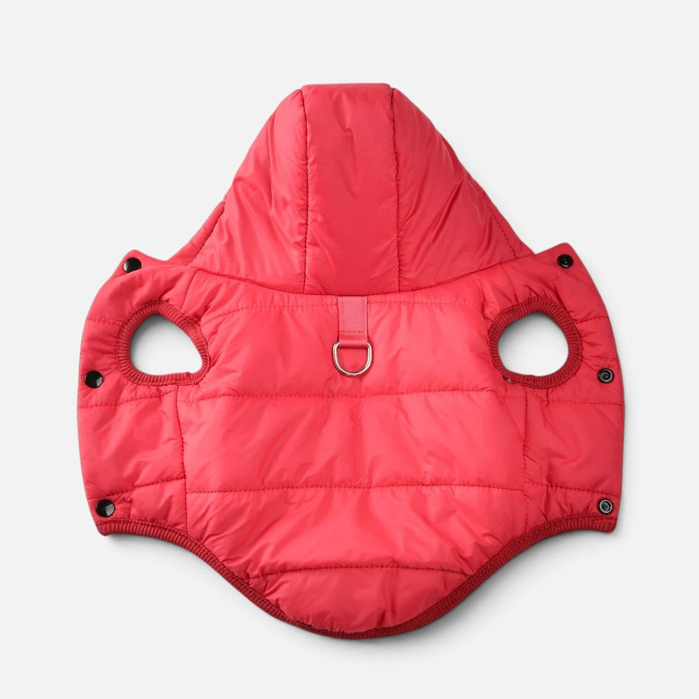 Tailora red quilted fleece dog hoodie with a back leash hole and snap button closures for a secure fit.