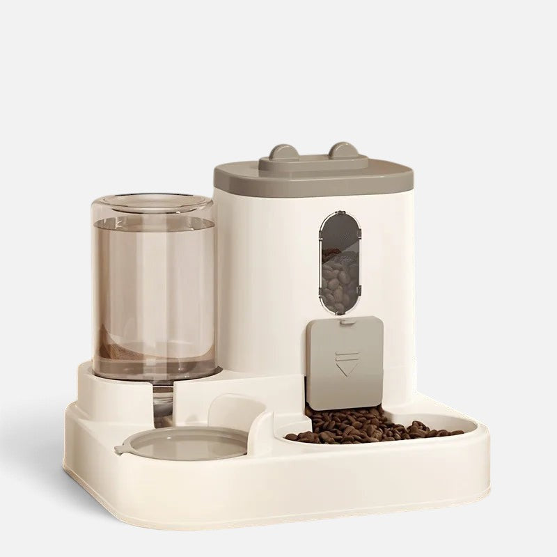 Tailora gray and white 2-in-1 automatic gravity pet food and water dispenser station for cats and small dogs