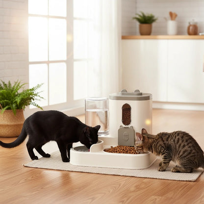 Tailora 2-in-1 automatic pet food and water station with gravity dispenser, used by two cats in a bright living room.