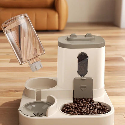 Tailora 2-in-1 automatic pet food and water station with a gravity water dispenser and kibble bowl in a modern design.