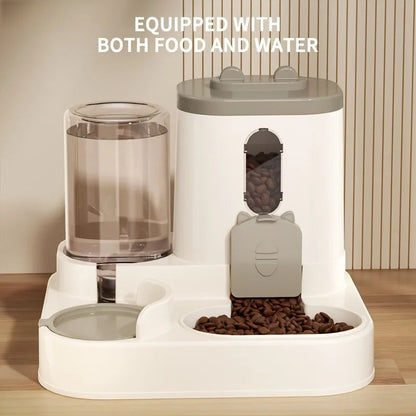 Tailora 2-in-1 automatic pet food and water station with a white gravity dispenser and grey accents on a wooden floor.