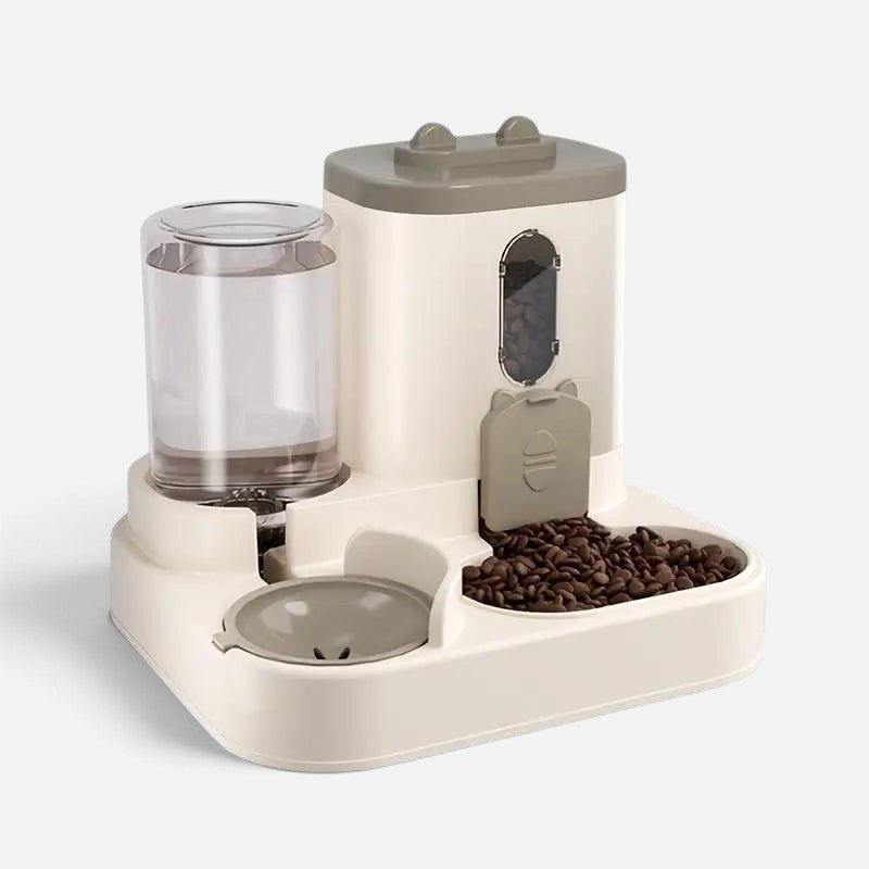 Tailora 2-in-1 automatic pet food and water station in cream and grey with a gravity water dispenser and food bowl.