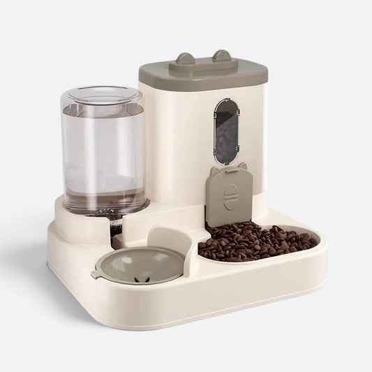 Tailora 2-in-1 automatic pet food and water station in cream and grey with a gravity water dispenser and food bowl.