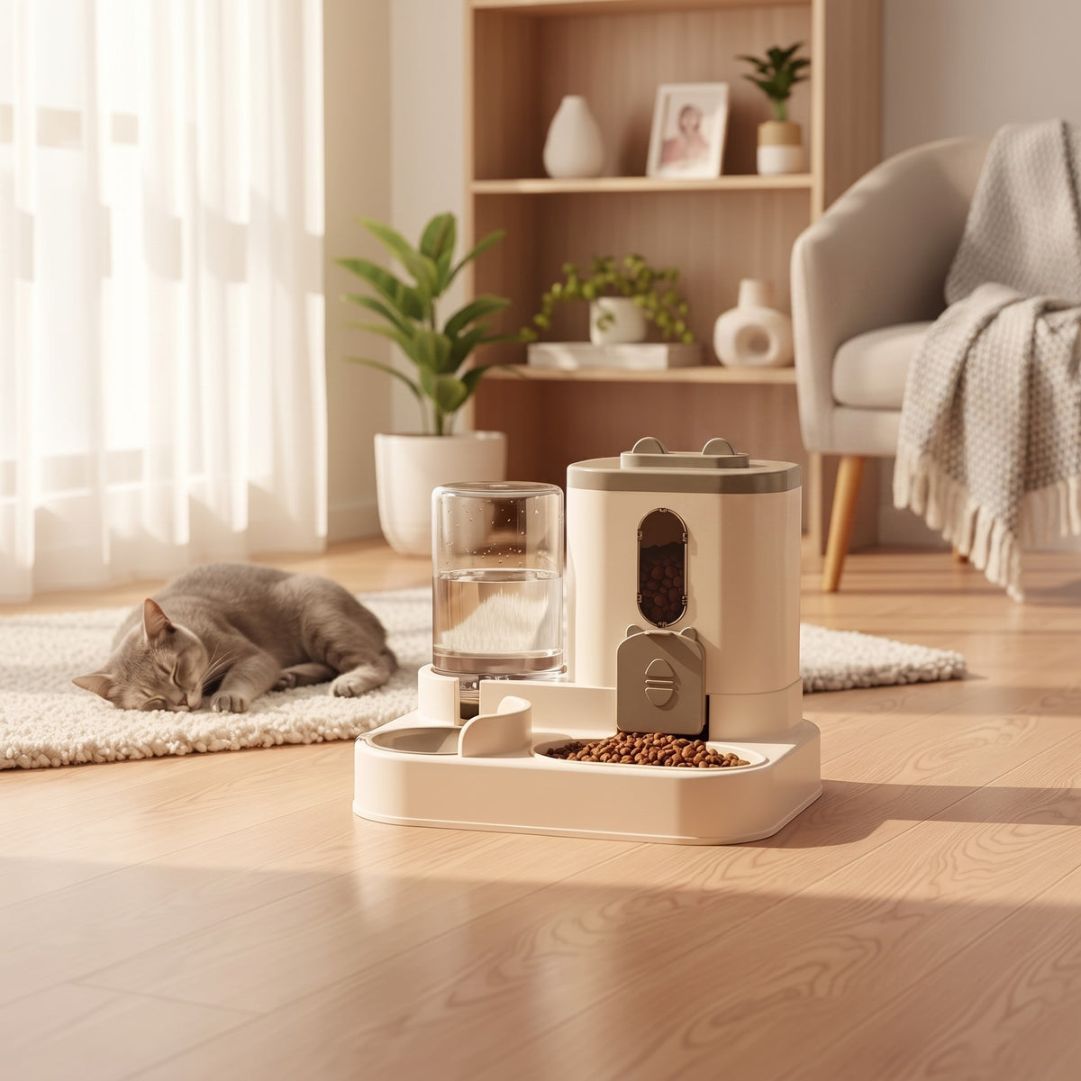 Tailora 2-in-1 automatic gravity pet food and water station in beige, sitting on a wooden floor near a sleeping cat.