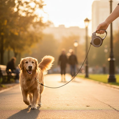 Tailora automatic retractable dog leash held by a person walking a happy golden retriever in a sunny park