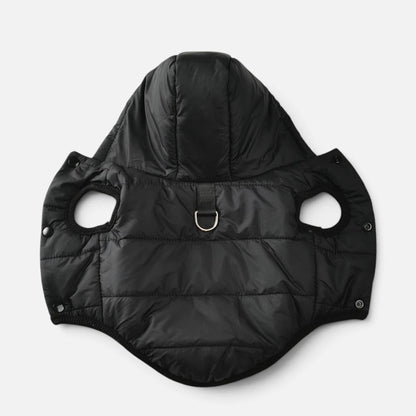 Tailora black insulated dog hoodie with a hood, leash attachment ring, and snap button closures for winter warmth.