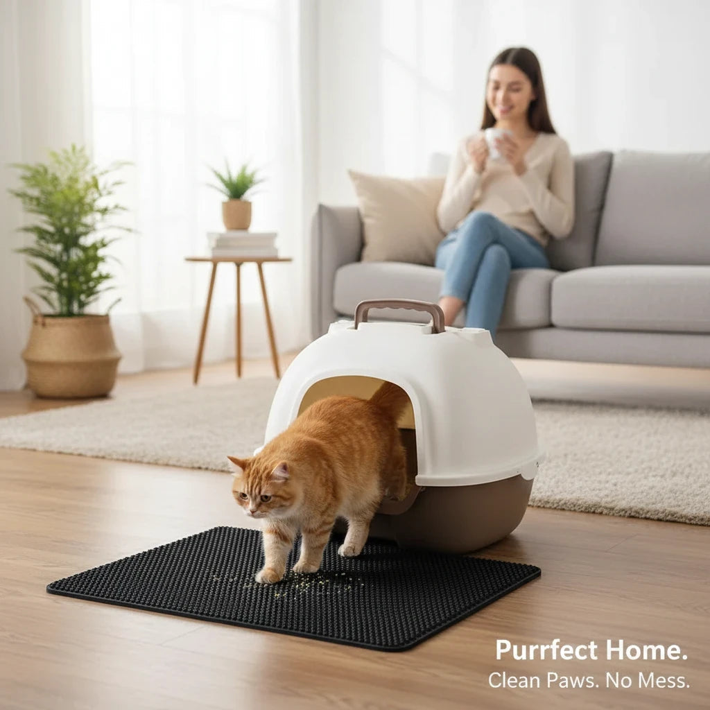 Tailora black double-layer honeycomb litter mat placed in front of a cat litter box with an orange cat stepping out