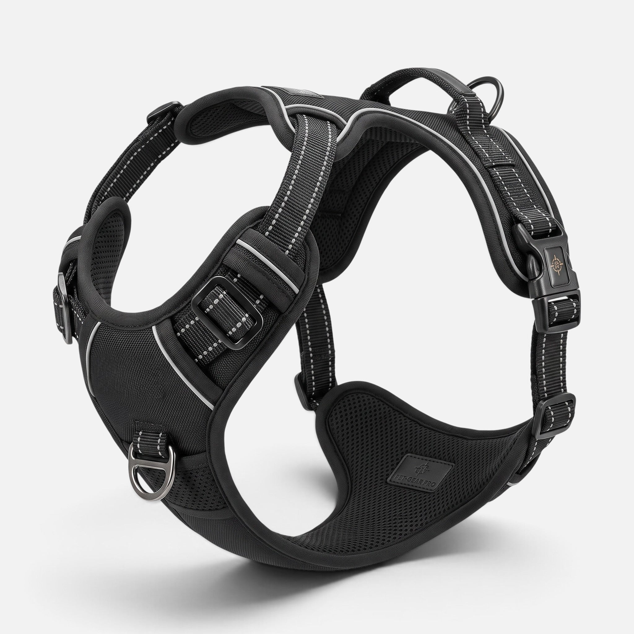 Tailora black heavy-duty no-pull dog harness with reflective stitching, breathable mesh, and top control handle.