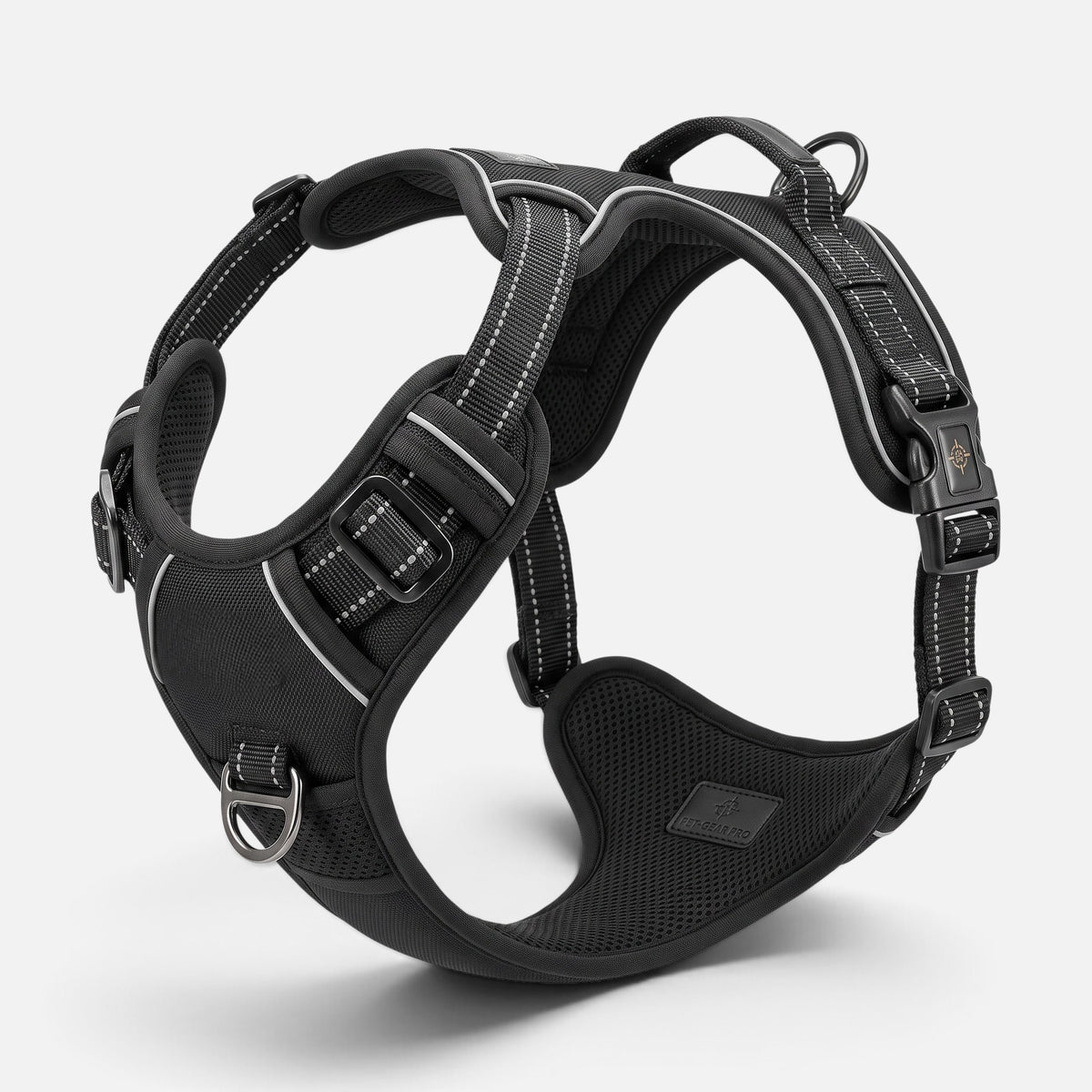 Tailora black heavy-duty no-pull dog harness with reflective stitching, breathable mesh, and top control handle.