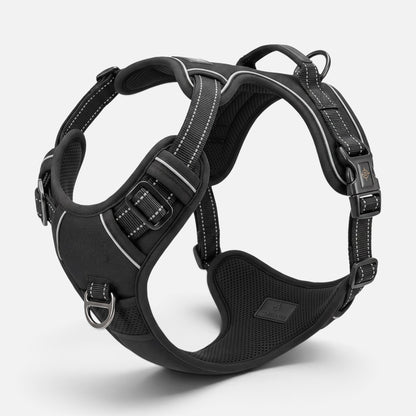 Tailora black heavy-duty no-pull dog harness with reflective stitching, breathable mesh, and top control handle.
