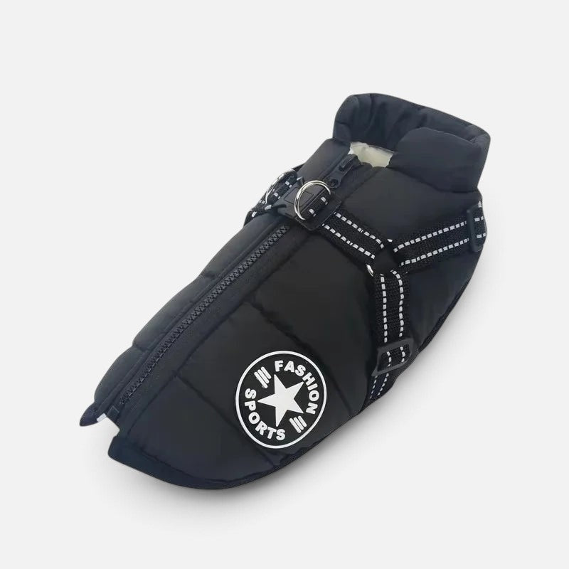 Tailora black waterproof winter dog jacket with integrated harness, fleece lining, and reflective safety straps.