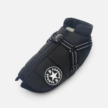 Tailora black waterproof winter dog jacket with integrated harness, fleece lining, and reflective safety straps.