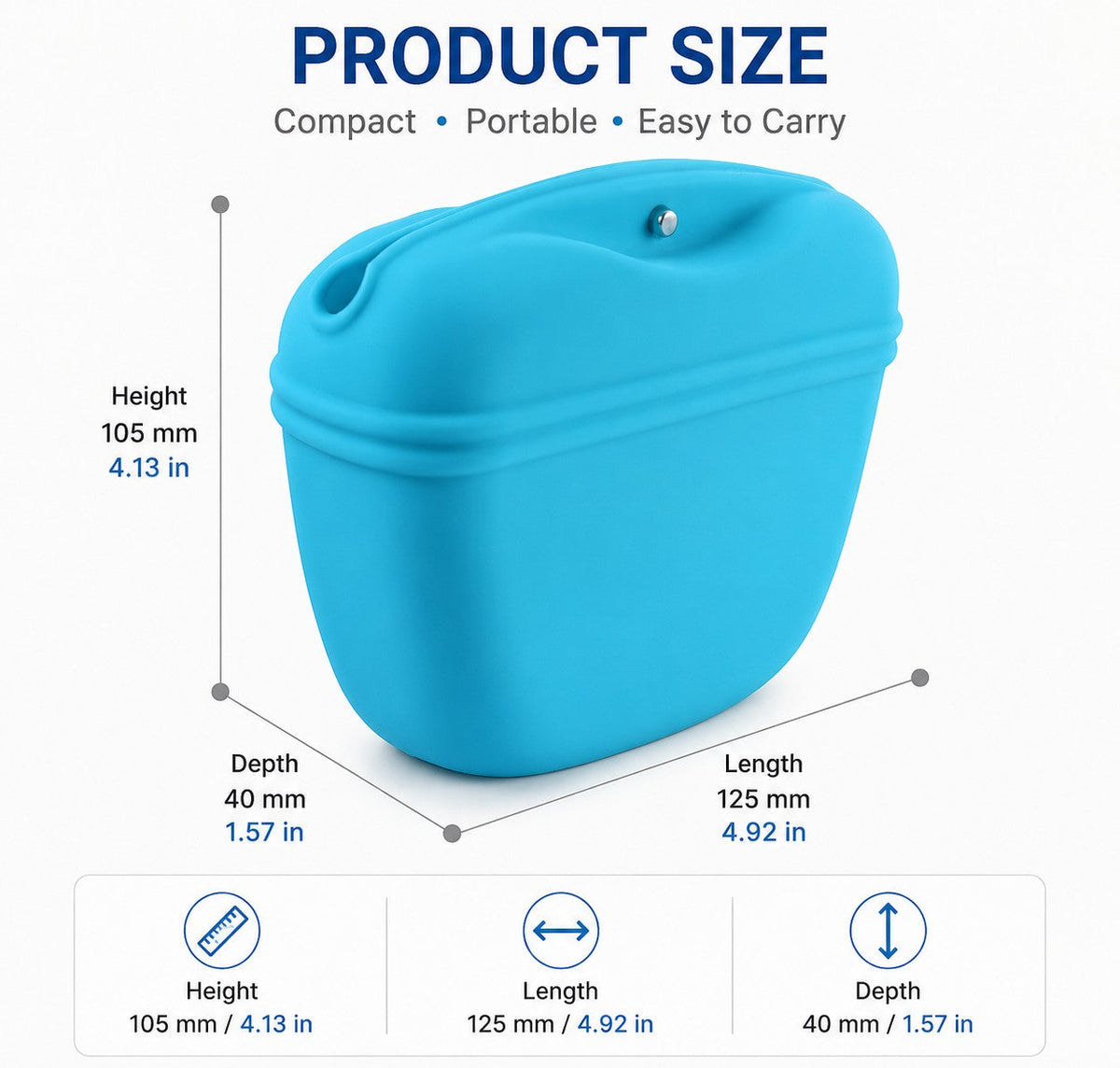 Tailora blue silicone dog treat training pouch with dimensions shown for height, length, and depth.