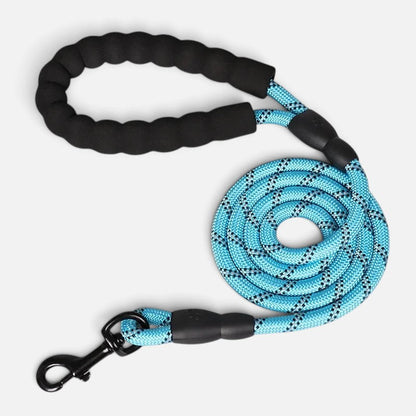 Tailora blue heavy-duty dog leash with reflective threads and a soft black neoprene padded handle.