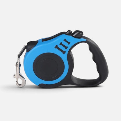Tailora automatic retractable dog leash in blue and black with an ergonomic handle and metal swivel hook