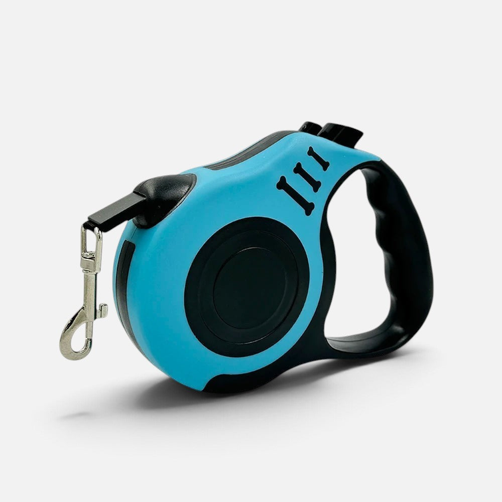 Tailora blue and black automatic retractable dog leash with an ergonomic handle and metal swivel hook