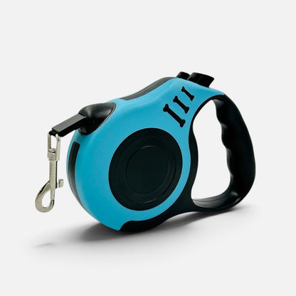 Tailora blue and black automatic retractable dog leash with an ergonomic handle and metal swivel hook