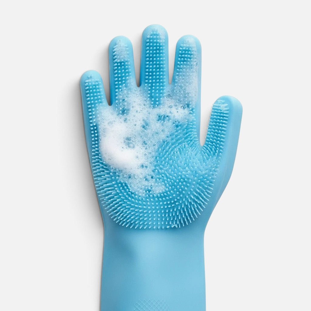 Tailora blue silicone 5-finger pet grooming glove with soapy lather for bathing and deshedding dogs and cats