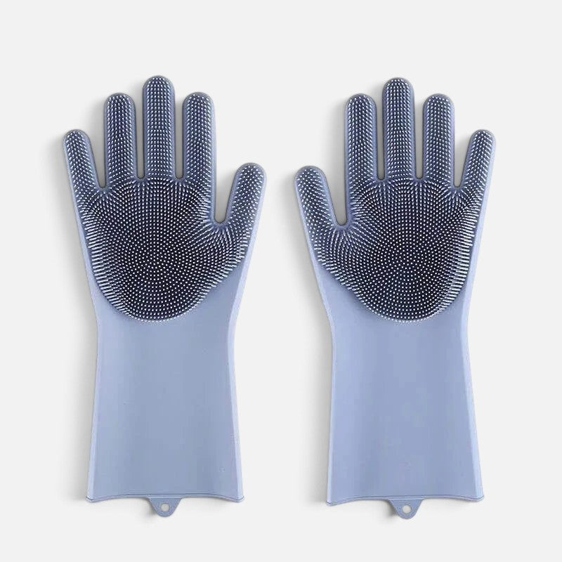 Tailora 2-in-1 light blue silicone grooming gloves for pet bathing and deshedding with a 5-finger textured design.