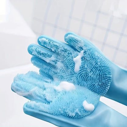 Tailora blue silicone grooming gloves with soapy lather for pet bathing and deshedding