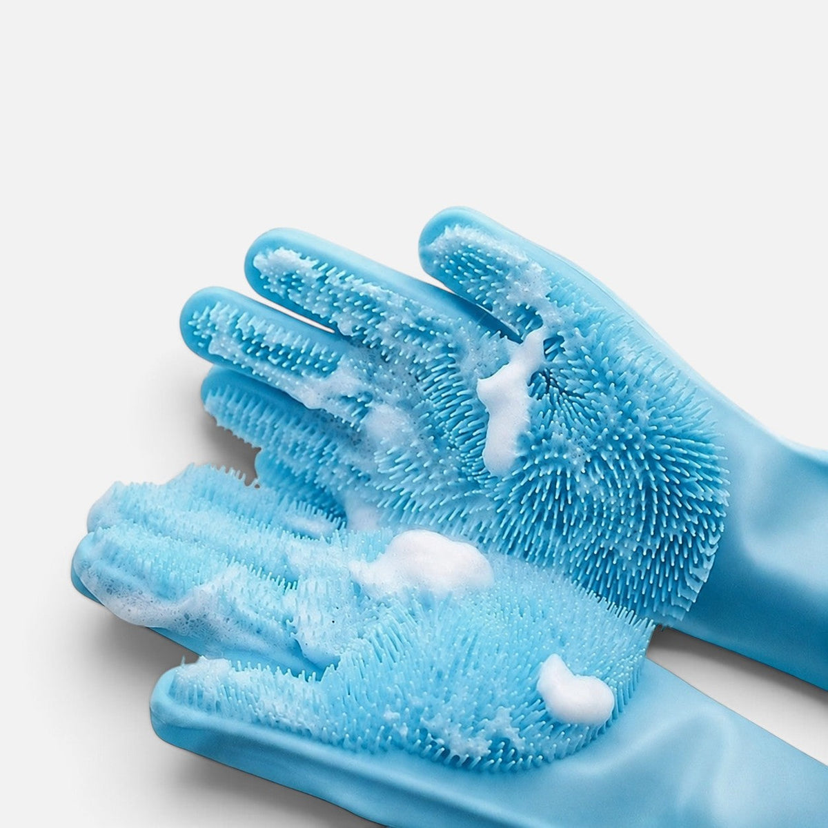 Tailora blue silicone 5-finger grooming gloves with soap lather for wet pet bathing and deshedding