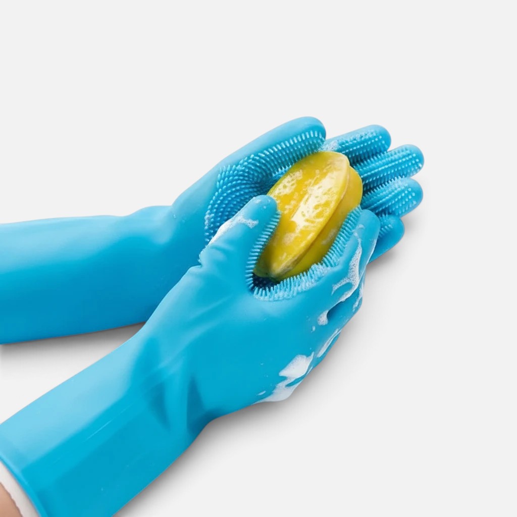 Tailora blue silicone grooming gloves holding a yellow soap bar, used for pet bathing and deshedding.