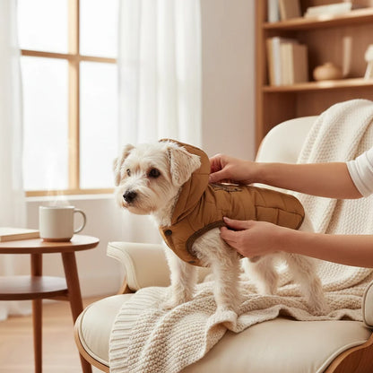 Tailora brown fleece dog hoodie with a hood and snap buttons, worn by a small white dog on a cozy chair.