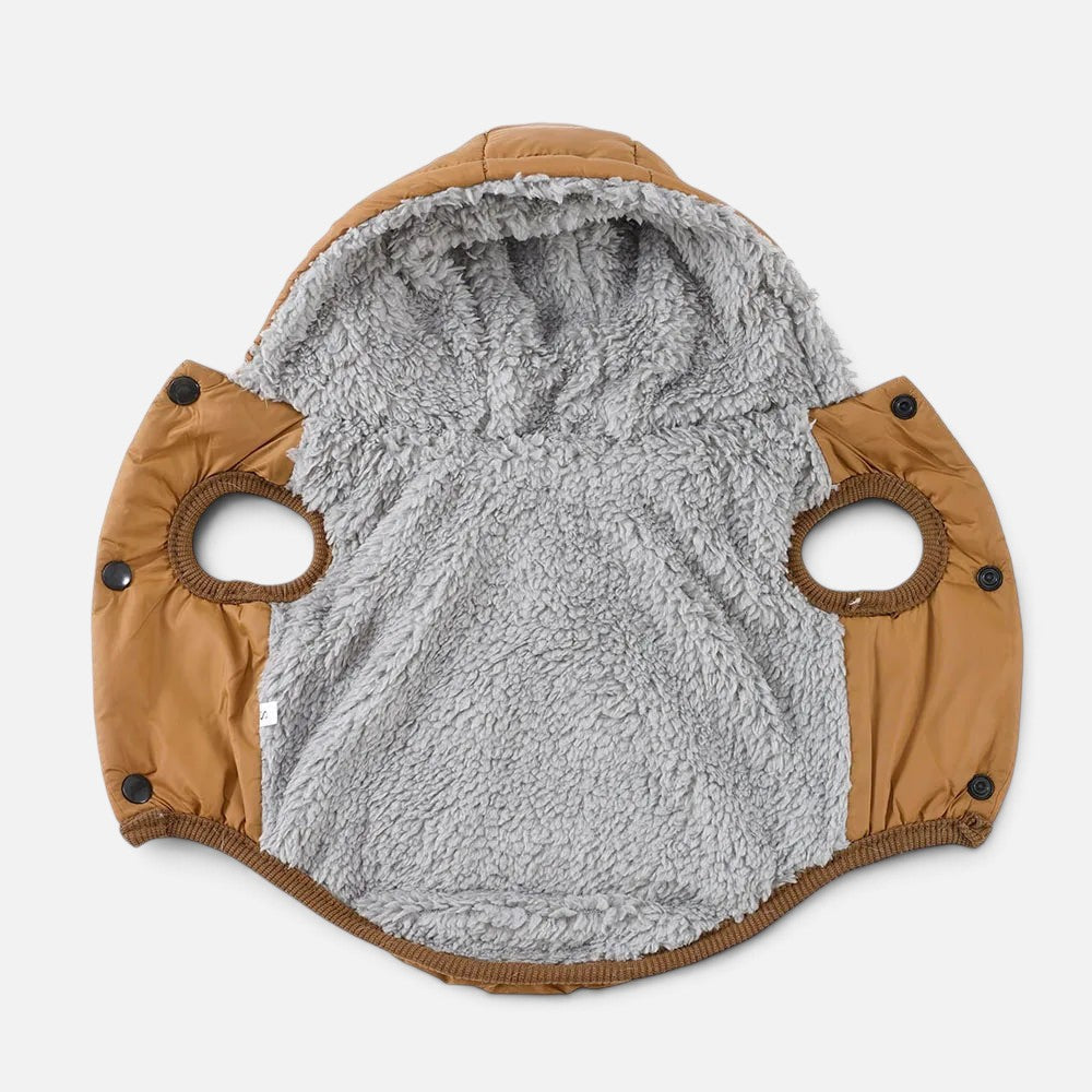 Tailora brown winter dog hoodie with grey fleece lining, snap buttons, and hood, laid flat on a white background.