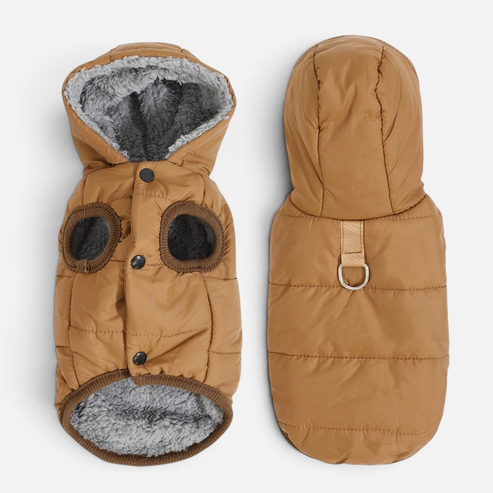 Tailora brown quilted dog hoodie with soft grey fleece lining, snap buttons, and a back leash attachment point.