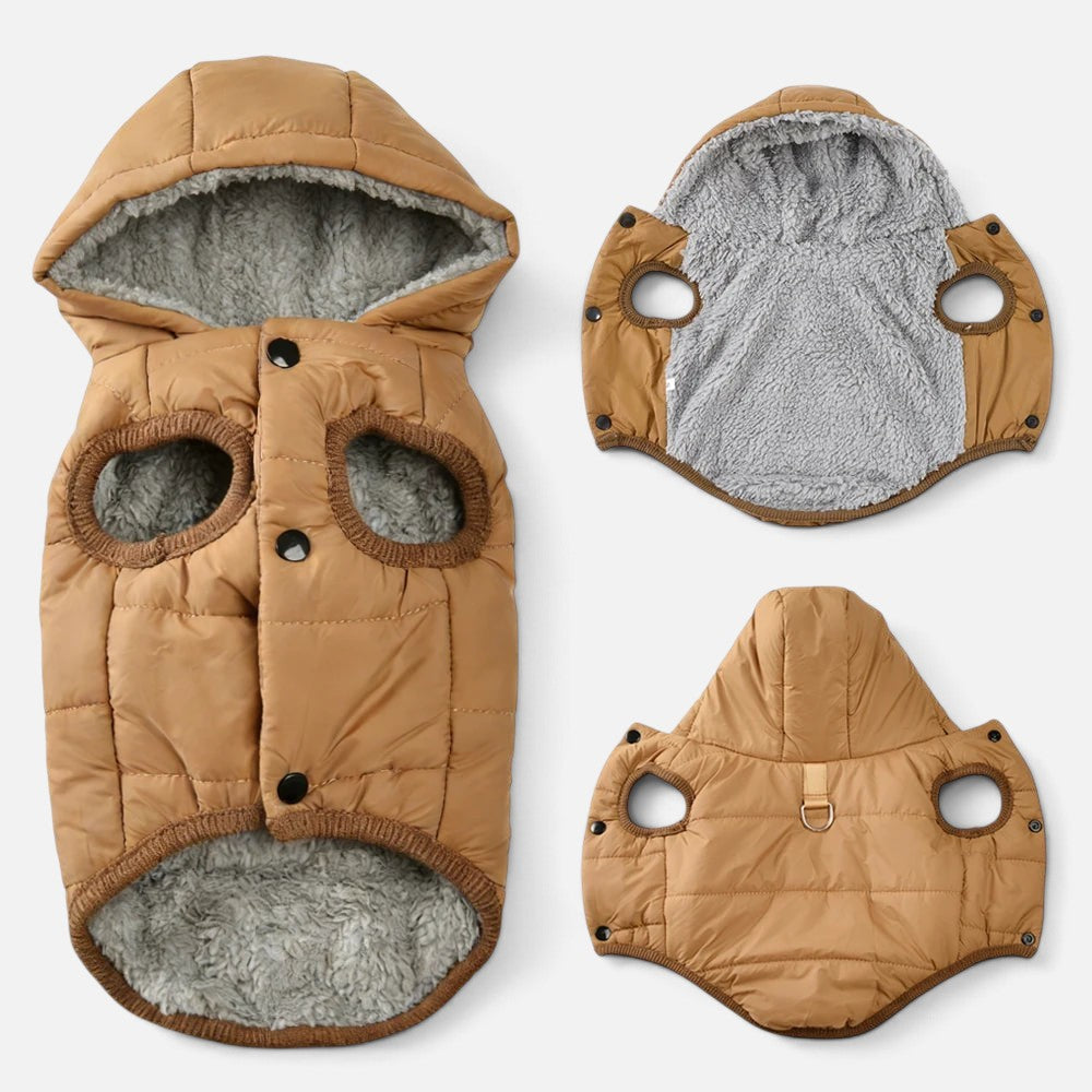 Tailora warm brown fleece dog hoodie with grey lining, snap buttons, and leash hole for small and medium pets
