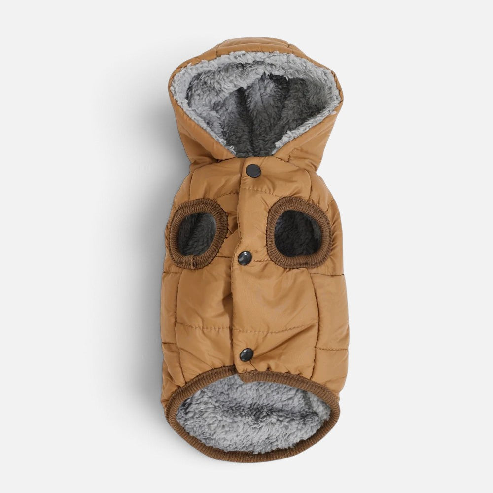 Tailora warm brown dog hoodie with grey fleece lining, snap buttons, and a cozy hood for winter walks.