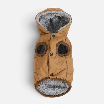 Tailora warm brown dog hoodie with grey fleece lining, snap buttons, and a cozy hood for winter walks.