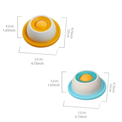 Tailora calming slow feeder mats in yellow and blue, showing dimensions for these food-grade silicone pet lick bowls.