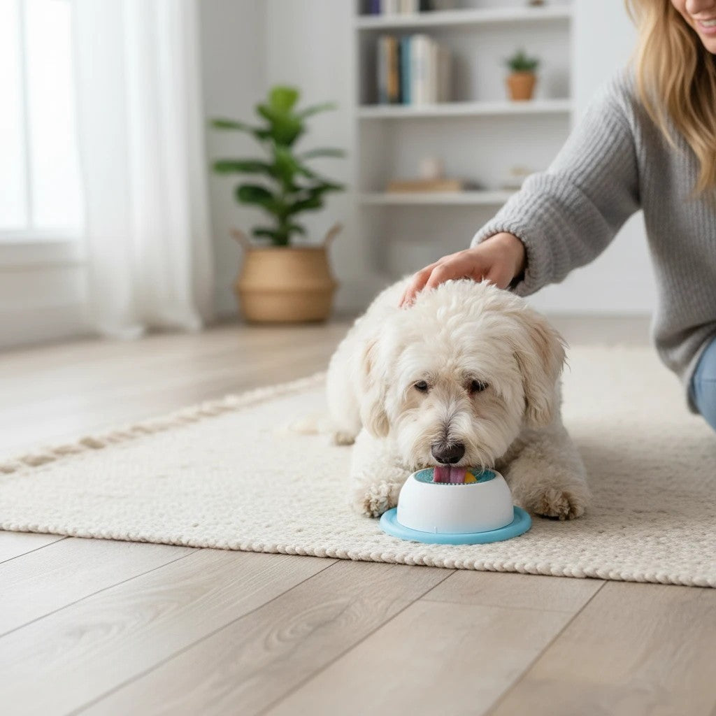 Tailora calming slow feeder mat being used by a white dog while a person pets it in a bright, cozy living room.
