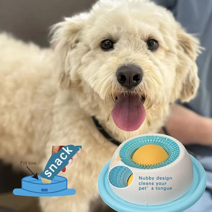 Tailora Calming Slow Feeder Mat with nubby silicone surface for dogs, shown with a happy dog and snack fill line