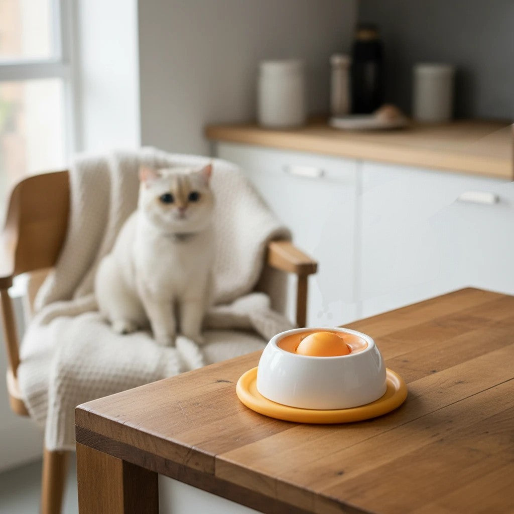 Tailora calming slow feeder mat in white and orange on a wooden table with a white cat sitting in the background