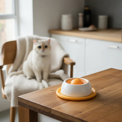 Tailora calming slow feeder mat in white and orange on a wooden table with a white cat sitting in the background