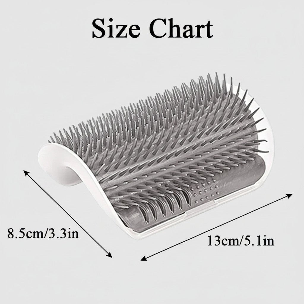 Tailora grey self-grooming corner wall brush for cats with dimensions shown on a light background