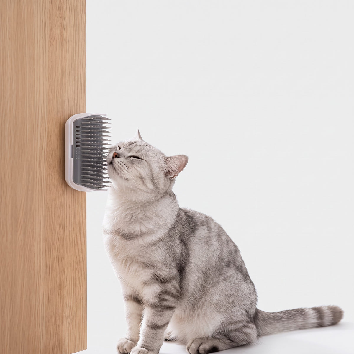 A silver tabby cat rubbing its face against a grey Tailora self-grooming corner wall brush mounted on a wooden post.