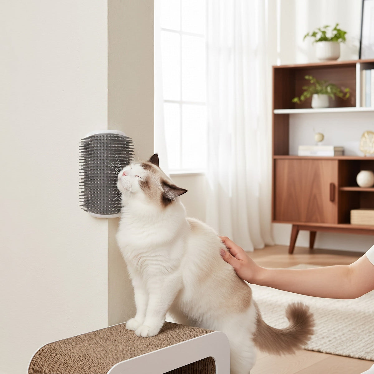 Tailora cat rubbing against a grey plastic self-grooming corner wall brush mounted on a white wall