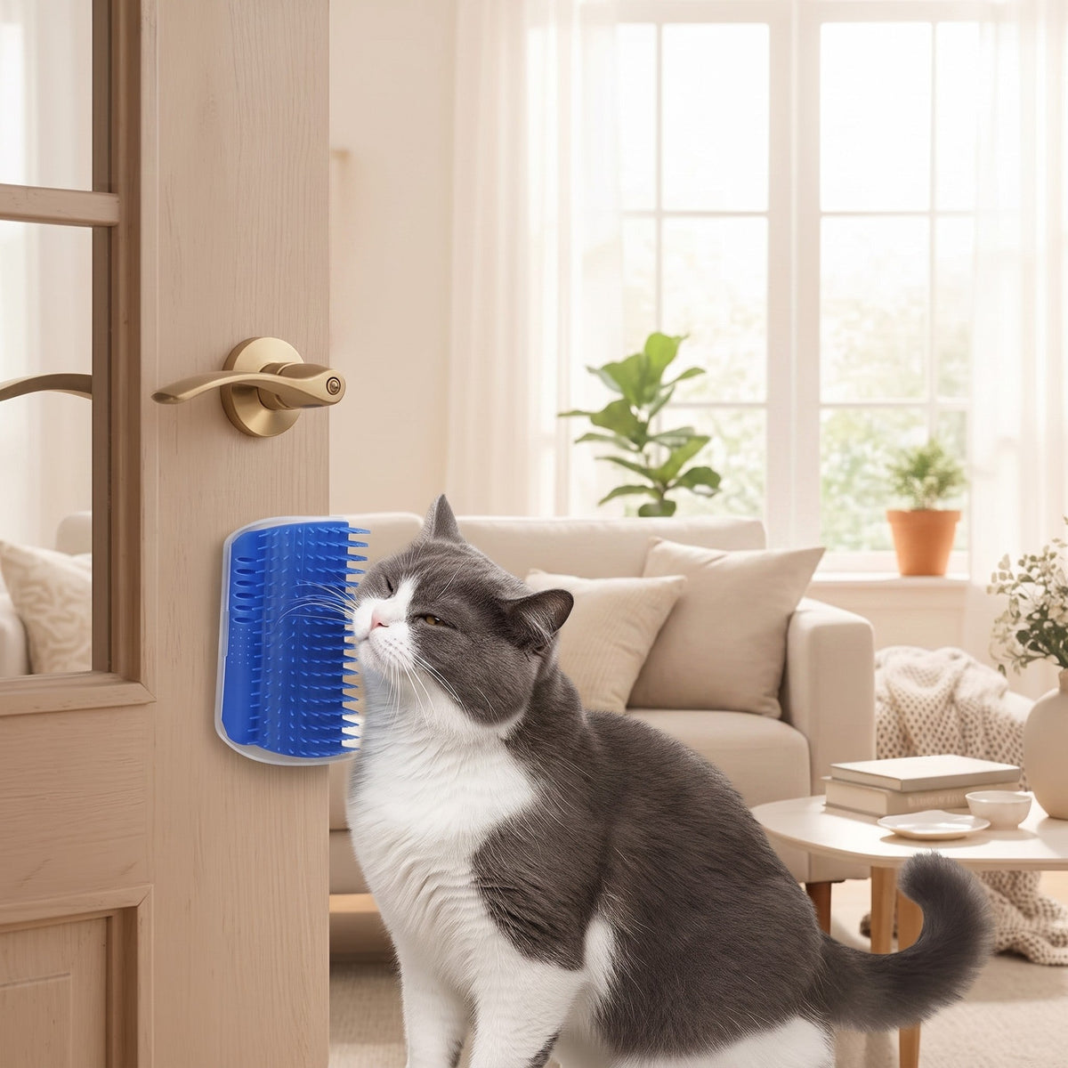 Tailora cat rubbing against a blue self-grooming corner wall brush mounted on a wooden door frame