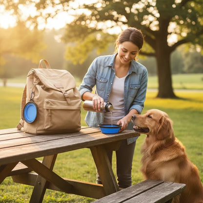 Tailora collapsible blue silicone travel bowl being filled with water for a golden retriever at a park picnic table