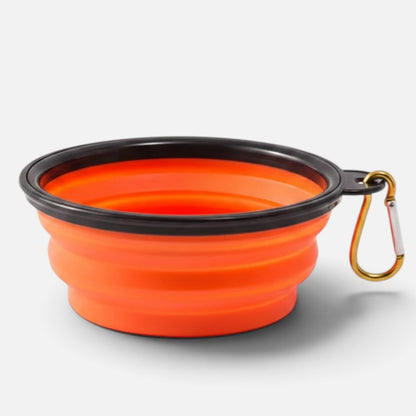 Tailora collapsible orange silicone pet travel bowl with a black rim and attached metal carabiner clip