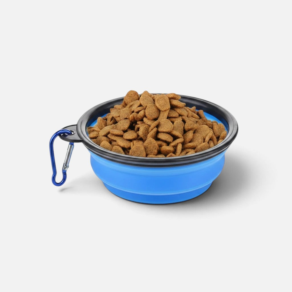 Tailora blue collapsible silicone pet travel bowl filled with dry kibble and attached to a metal carabiner clip