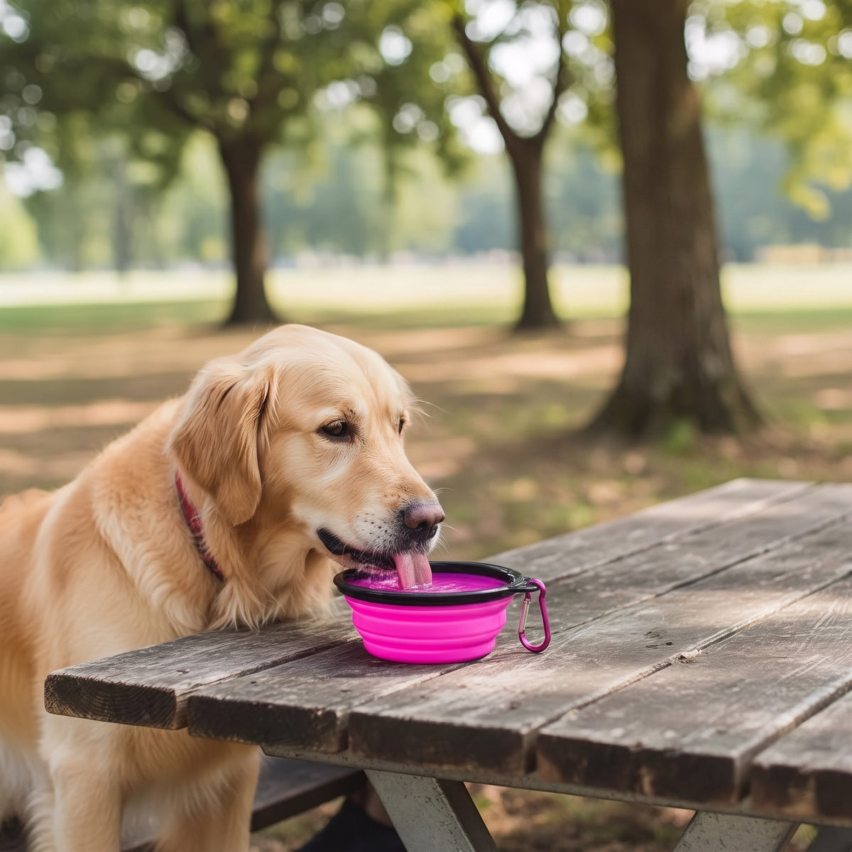 Tailora golden retriever drinking water from a pink collapsible silicone travel bowl on a wooden park picnic table