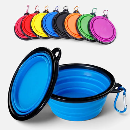 Tailora collapsible silicone pet travel bowls in various bright colors with carabiner clips for outdoor feeding
